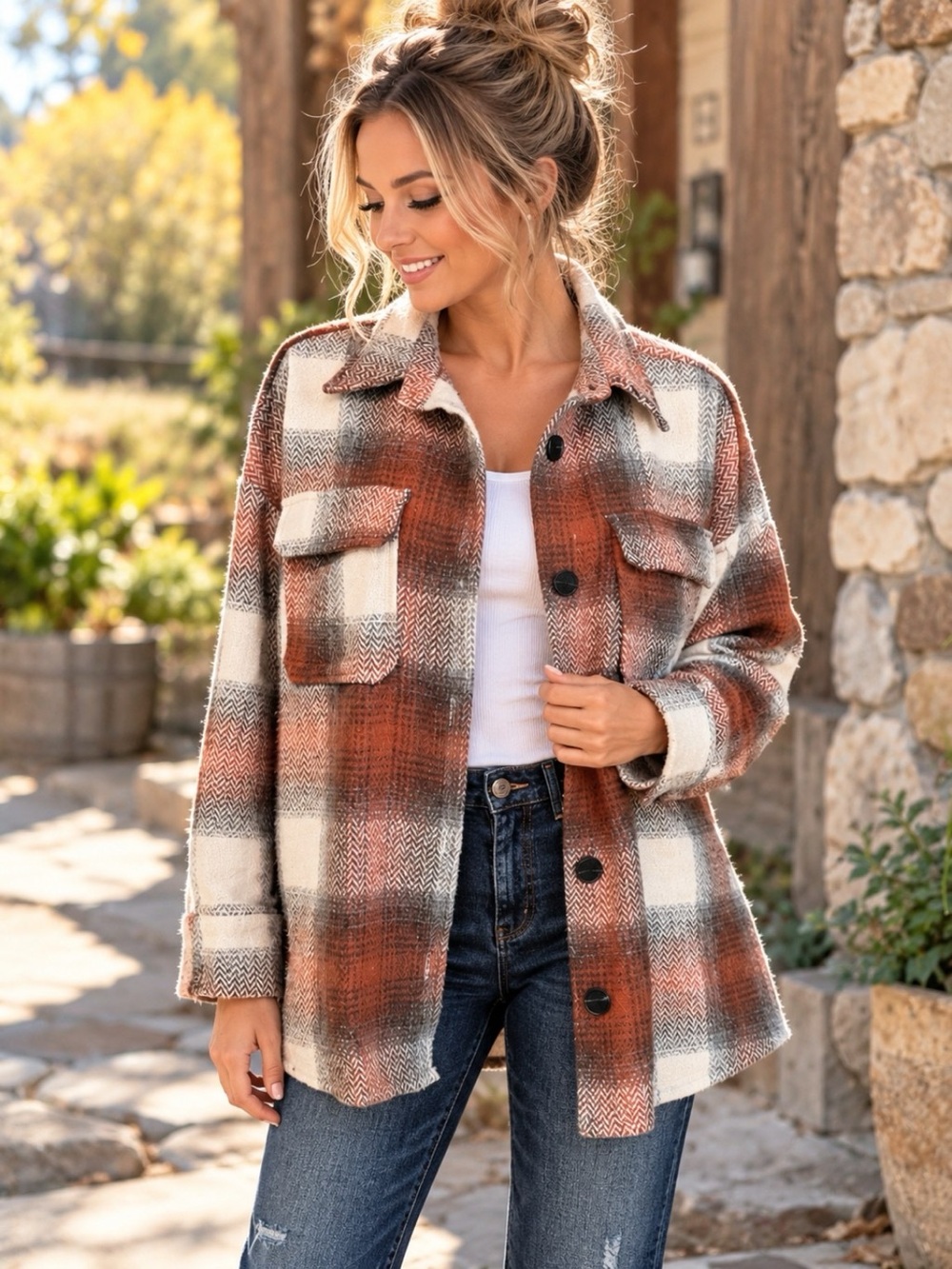 Miss Sparkling NWT Plaid Oversized Shacket Jacket Rust Cream Gray XL